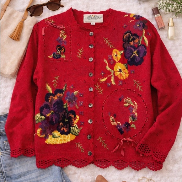 Susan Bristol Sweaters - Vintage 1995 Susan Bristol Hand Embroidered Red Cardigan Size S